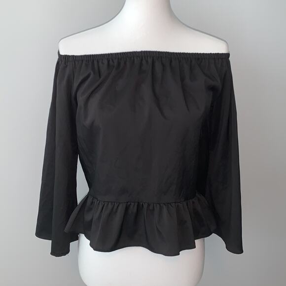 Shein Black Bell Sleeve Peplum Off Shoulder Top Sz Medium - Picture 1 of 7